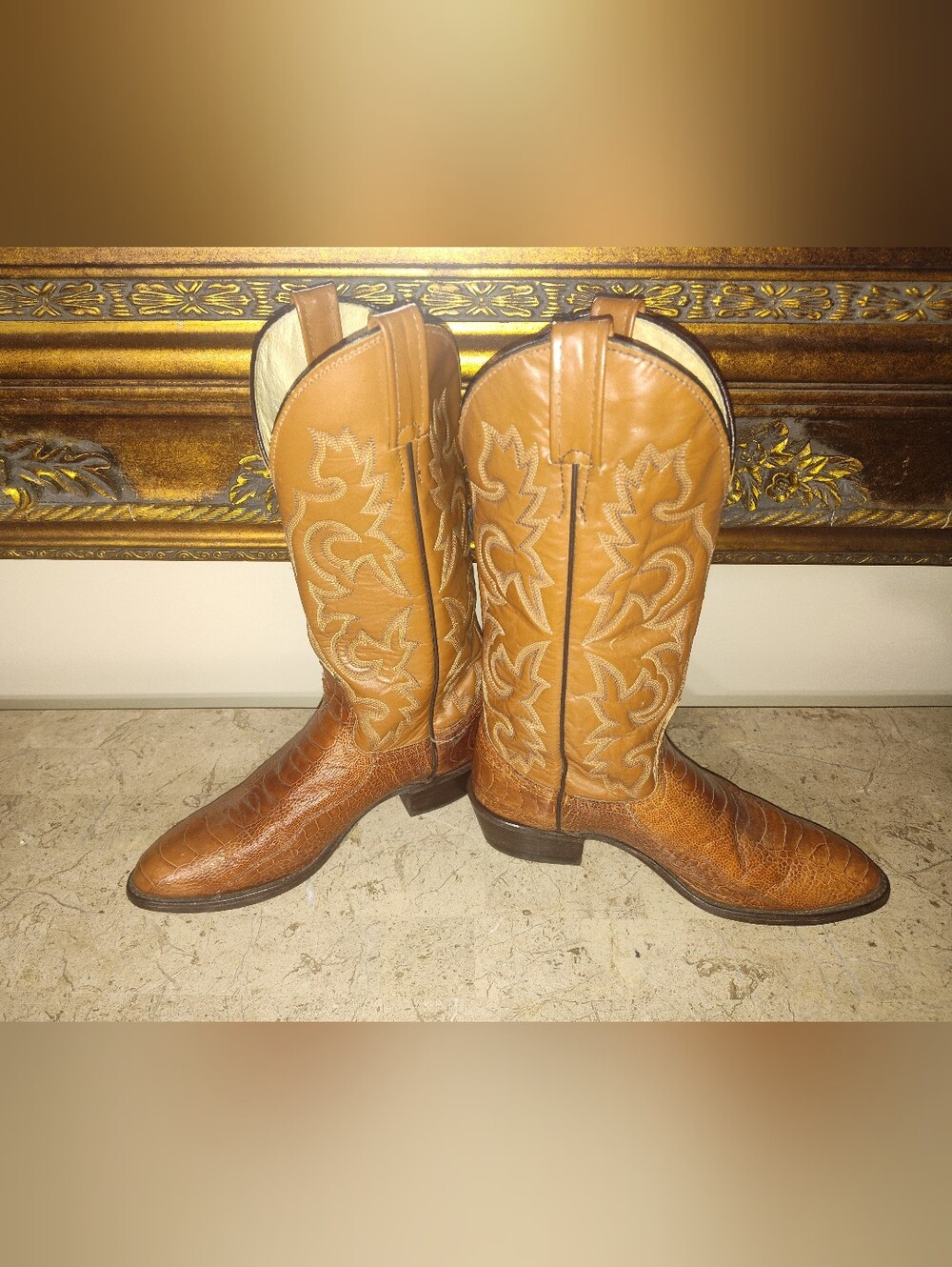 J Chisholm Ostrich Leg Brown Leather Western Cowboy Boots